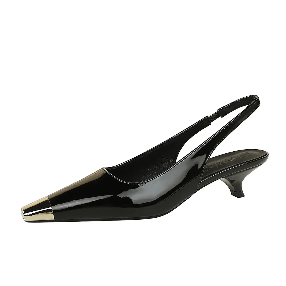Women's Glossy Patent Leather Heels with Metallic Accent and Rear Strap