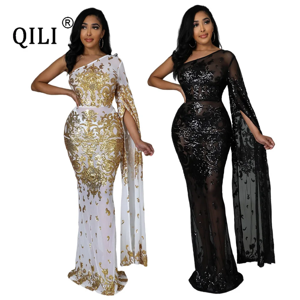 

QILI-Women's One-Shoulder Dress, Elegant Sequined, Split Sleeve, Long Party Bodycon, Gold, Black