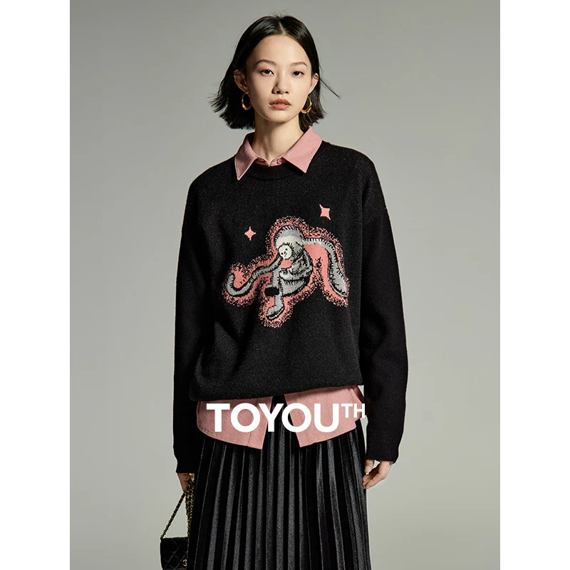 

Toyouth Women Sweater 2023 Winter Long Sleeve O Neck Loose Knitwear Artistic Cartoon Jacquard Retro Advanced Black Apricot Tops