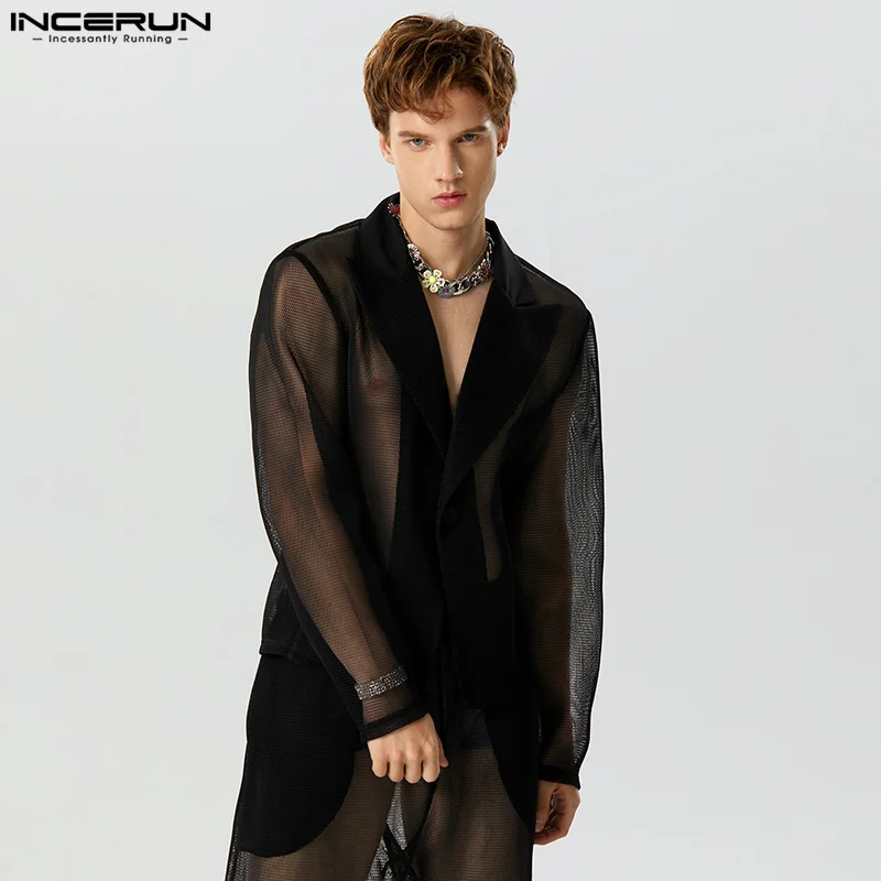 

INCERUN 2023 Men Blazer Mesh Transparent Lapel Long Sleeve One Button Casual Suits Streetwear Fashion Unisex Thin Coats S-5XL