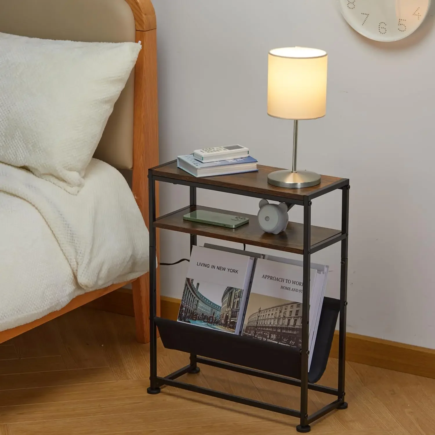 

Rustic Brown Narrow End Table with Magazine， Perfect for Small Spaces and Living Rooms Bedroom coffee table for living room