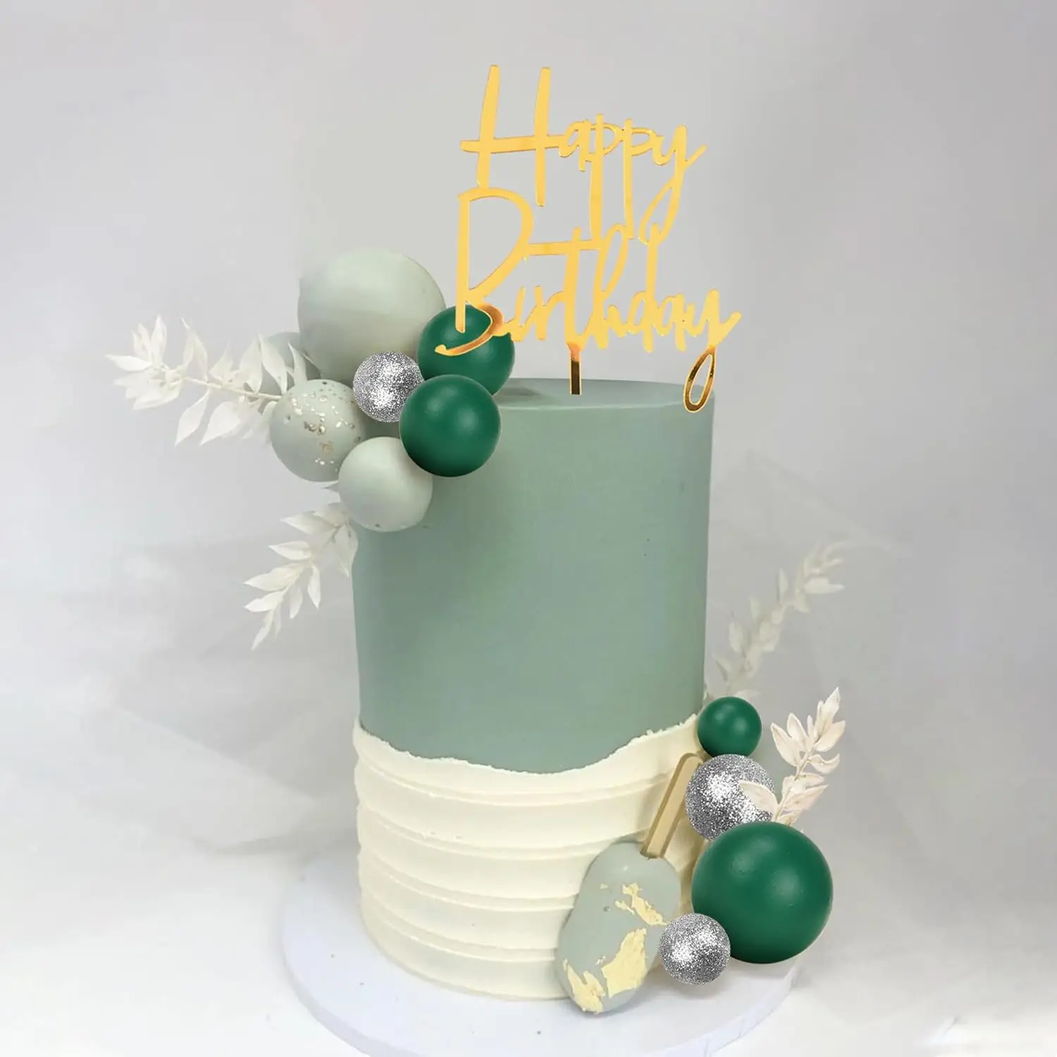 39 Stück Khaki-Kugeln, Tortenaufsatz, Boho-Gras-Kuchenaufsatz, Khaki, Weißgold, Perlenkugeln, alles Gute zum Geburtstag, Kuchendekorationen für Hochzeit – Detail 17
