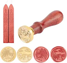 

5PCS Wax Seal Kit 2 Pieces Brass Wax Seal Stamp Heads with 2 Pieces Wax Sealing Sticks and 1 Piece Universal Wood Handle