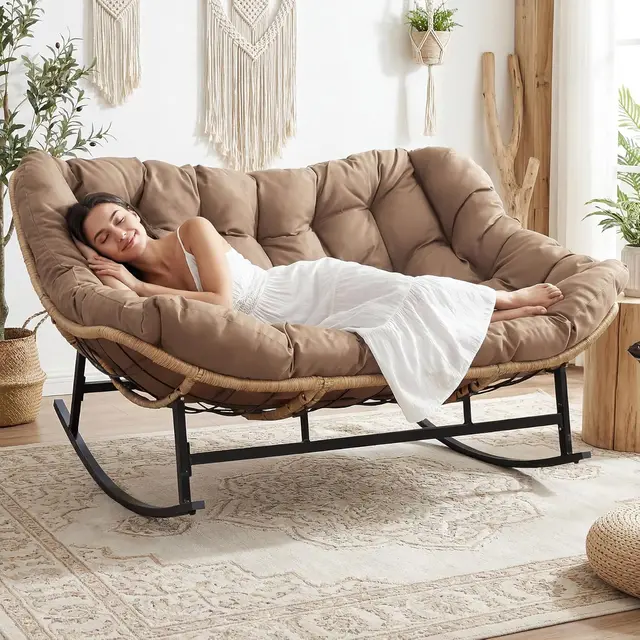 Double Papasan Rocking Chair Indoor Outdoor, 2 Person Wicker Rocking Egg Chair with Cushions for Relaxing/Napping, Sensory Comfort