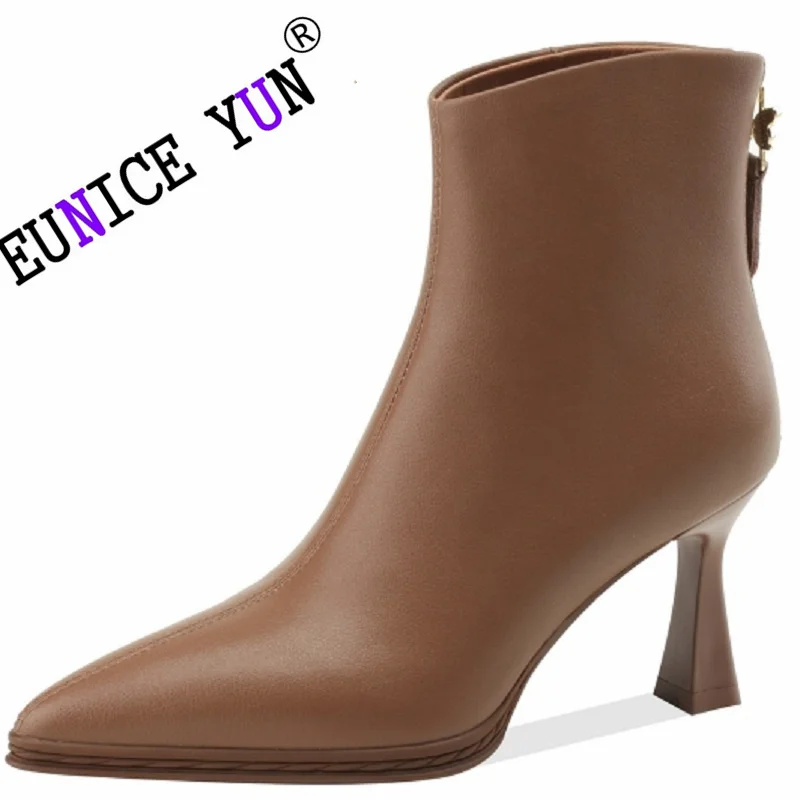 

【EUNICE YUN】New Brand Women Genuine Leather Pointed Toe High Heel Shoes Heel Ankle Boots Elegent Zipper Modern Boots 34-40