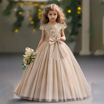 Girls Flower Embroidery Party Dress Kids Big Bow Long Wedding Bridesmaid Prom Gown Girl Fashion Lace Birthday Clothes Costumes 1