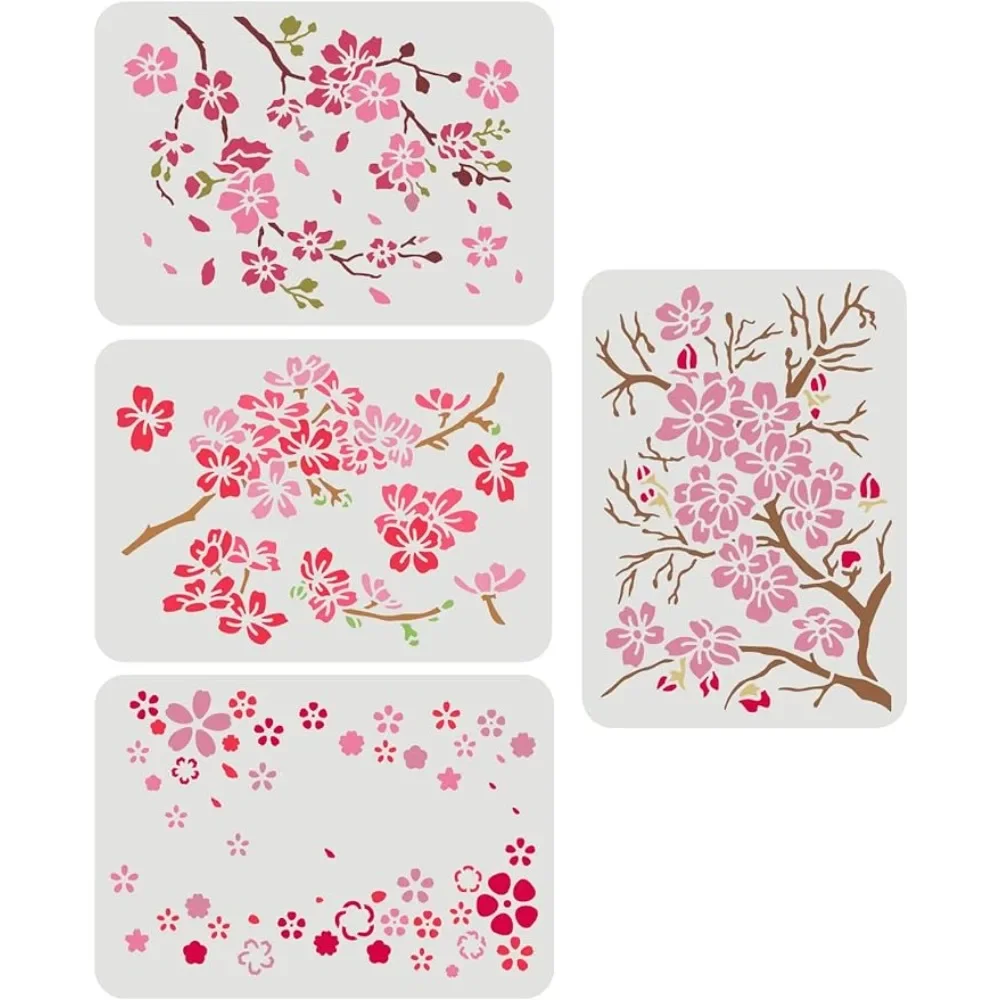 

4 Pcs Cherry Blossoms Stencils 11.7x8.3 inch Cherry Blossom Branch Stencils Plastic Floral Flower Pattern Stencils Sets DIY Home