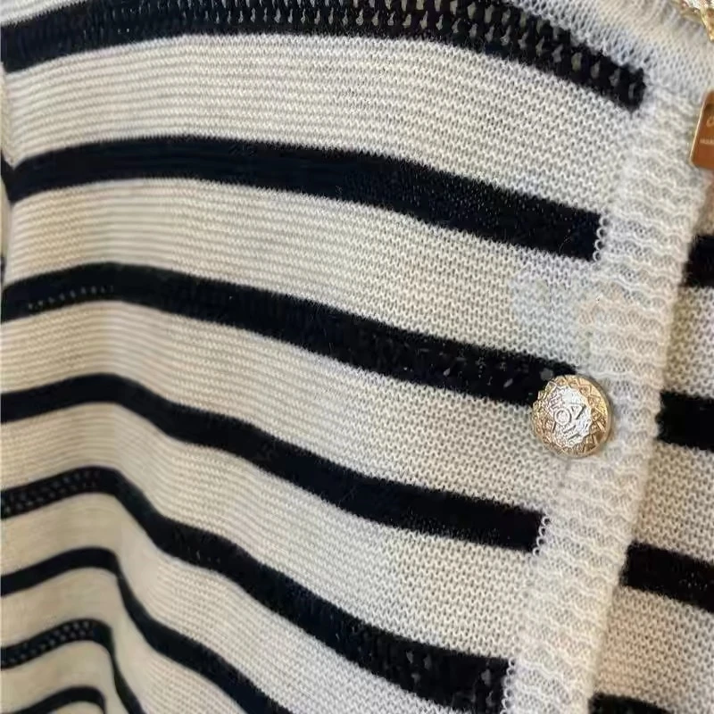 2025 New Thin Cashmere Cardigan hollow out short sleeve  women sweater Spring and summer striped Cashmere short sleeve Cardigan 2