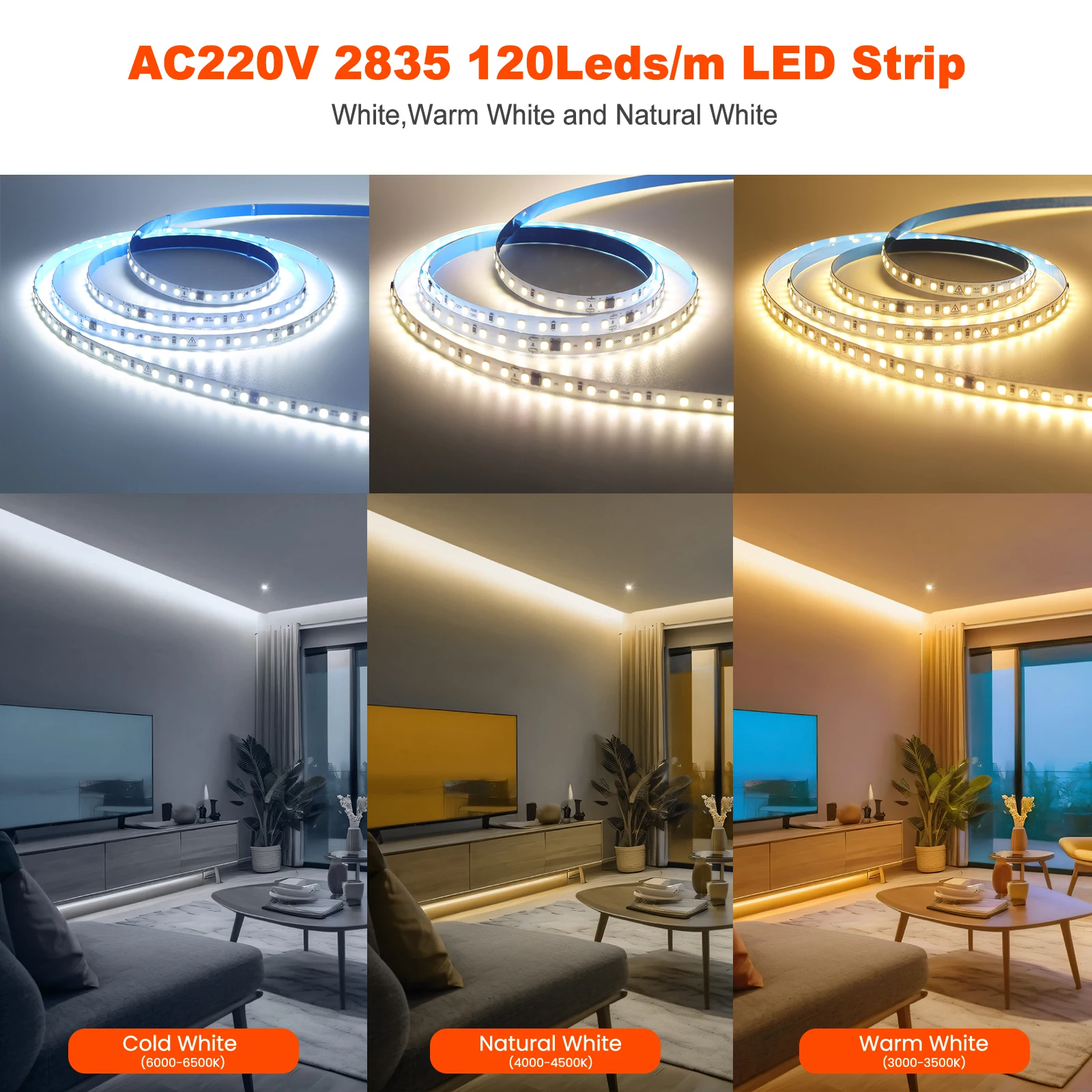 10m 20m 50m 220V 2835 LED 스트립 라이트 드라이버 불필요 고휘도 120LEDs/M 유연 테이프 조명 IP44 방수 가정용 조명