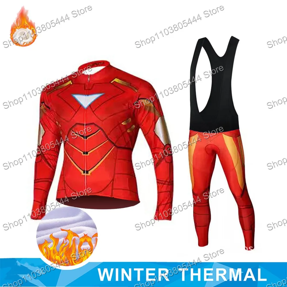 Super Hero Iron Anime Comics Cycling Jersey Set Winter Thermal Fleece Clothing Long Sleeve Bike Pant Bib Bicycle Suit MTB Outfit