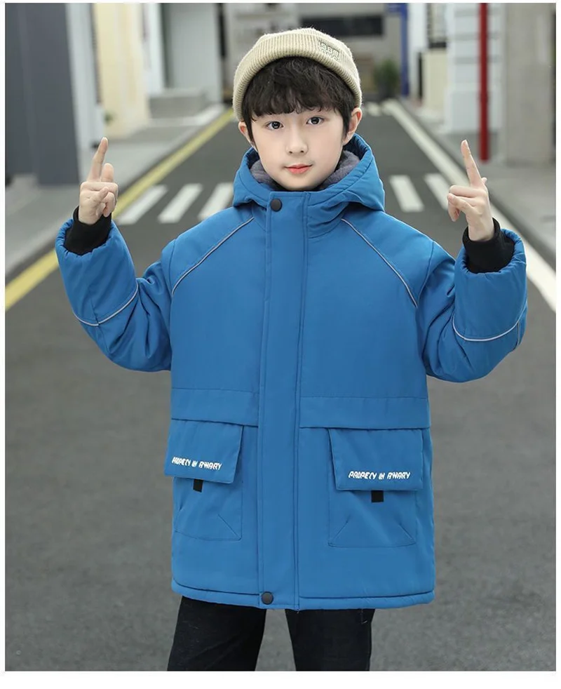 -30℃ Boys Plus Velvet Outerwear Kids Winter Thicken Warm Overcoat Children Casual Print Jacket New Teenager Clothing