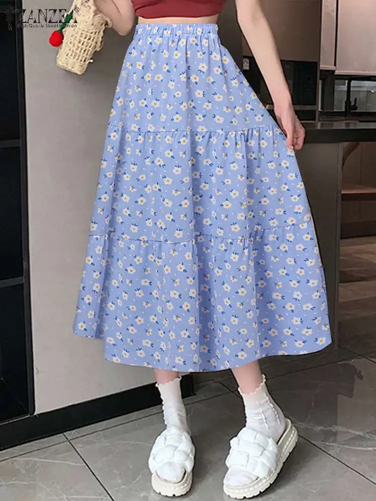 

ZANZEA Holiday Elegant A-line Faldas Pleated Tiered Casual Jupes High Waist Korean Fashion Skirt Women Floral Print Midi Skirts