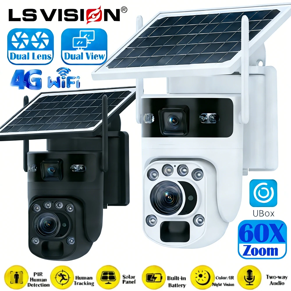 LS VISION 12MP 60배 광학 줌 듀얼 스크린 4G 태양광 카메라 WiF..