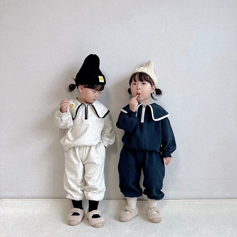 

Boys Girls Navy Preppy Suits Sailor Collar Solid Color Toddler Sweatshirt+pants Clothes Sets Baby Tracksuits Korean Outfits Fall