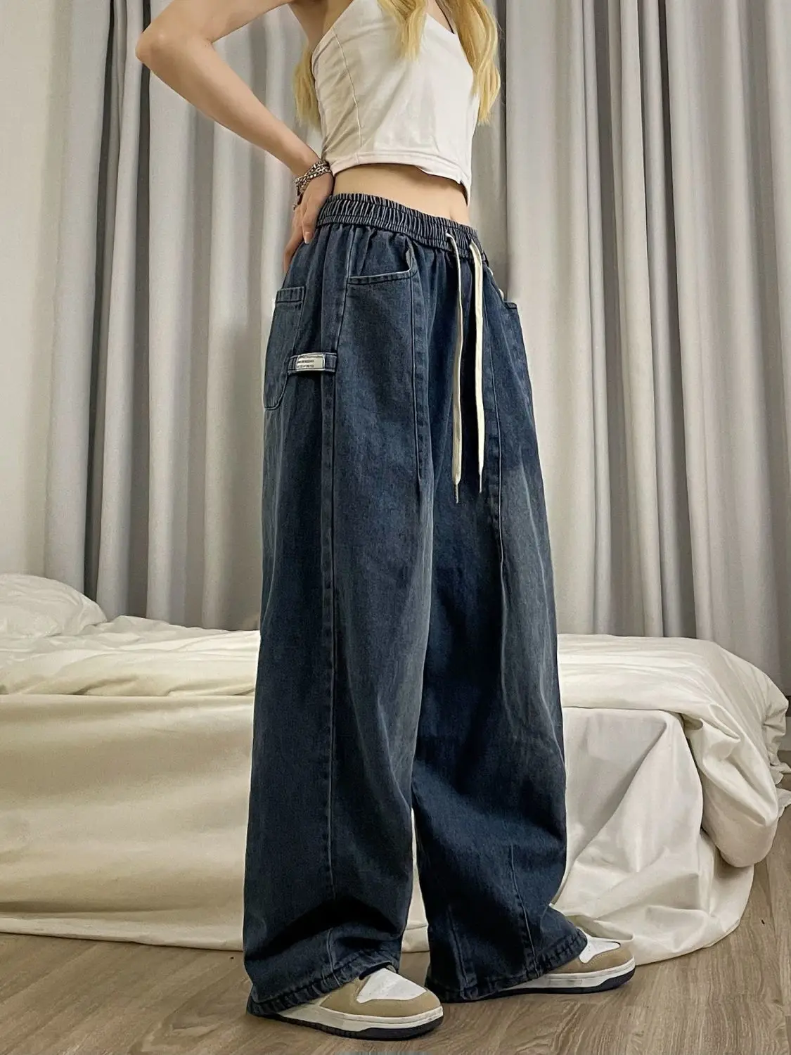 Women's Korean Style Baggy Jeans Wide Leg Drawstring Denim Pants Y2K Streetwear Blue Jeans Oversized Street