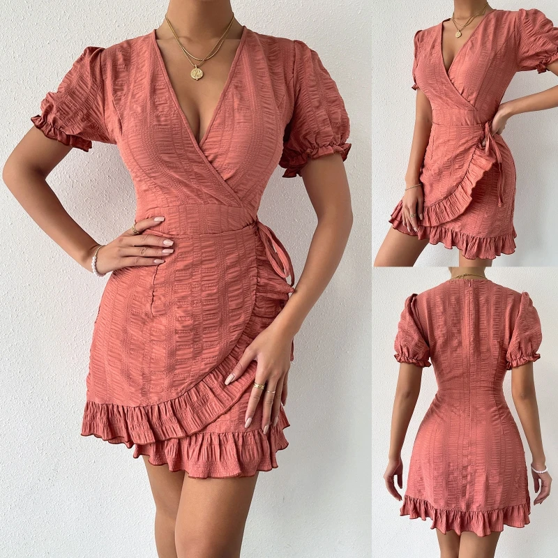 

Women Summer Puff Short Sleeve Sexy Wrap Deep V-Neck Mini Dress Solid Color Belted High Waist Ruffled Irregular Hem A-Line