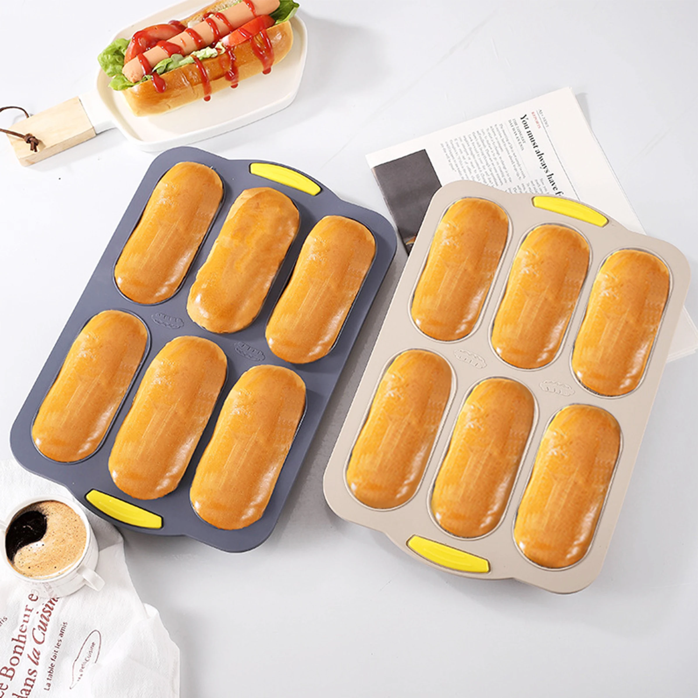 6 Cavity Silicone Bread Loaf Pan Hot Dog Bread Cake Tray Non-Stick Bread Pan Heat Resistant Silicone Mould Kitchen Baking Tools