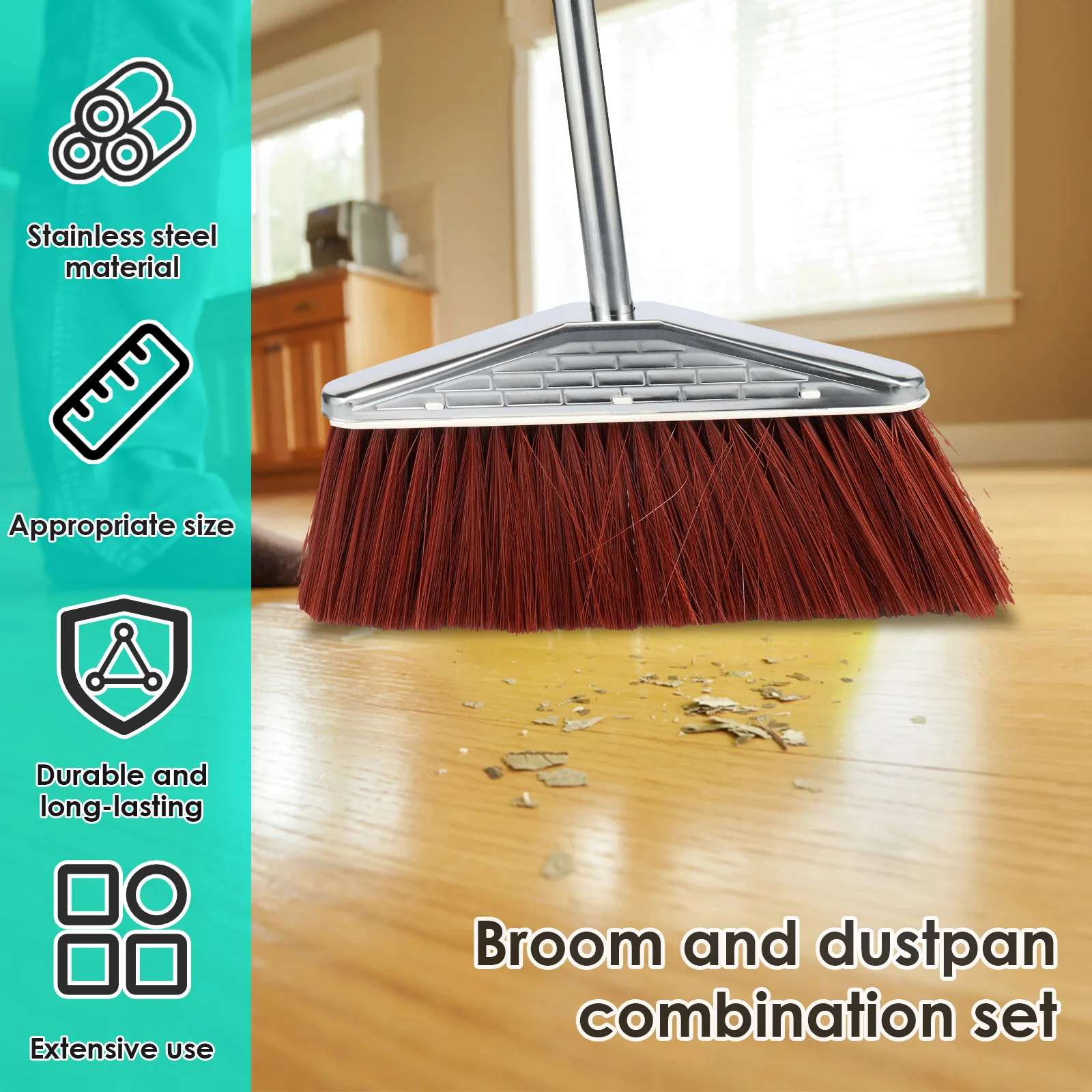 Stainless Steel Broom Dustpan Set Long Handle Sweeping Combo