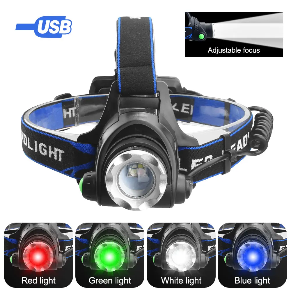 4 In 1 Adjustable Focus LED Headlight Red+Green+Blue+White Zoomable Fishing Front Head Flashlight Torch USB Red Warning Light head flashlight cob headlamp bike headlight