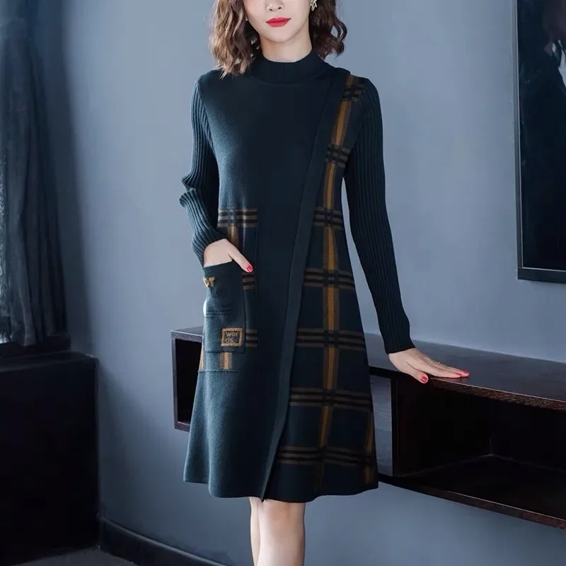 

Elegant Fashion Striped Thicken Sweater Dresses Women 2023 Autumn Winter Retro Knitted Dress Woman Korean Long Sleeve Midi Dress