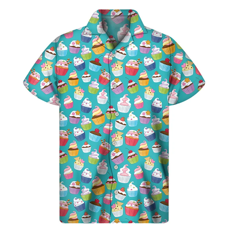 thumbnail image 1 of Camisas hawaianas con estampado 3D de cupcakes de dibujos animados para hombre, camisas con solapa de comida, camisetas holgadas de verano para la calle, blusas de manga corta con botones, 1 of 4