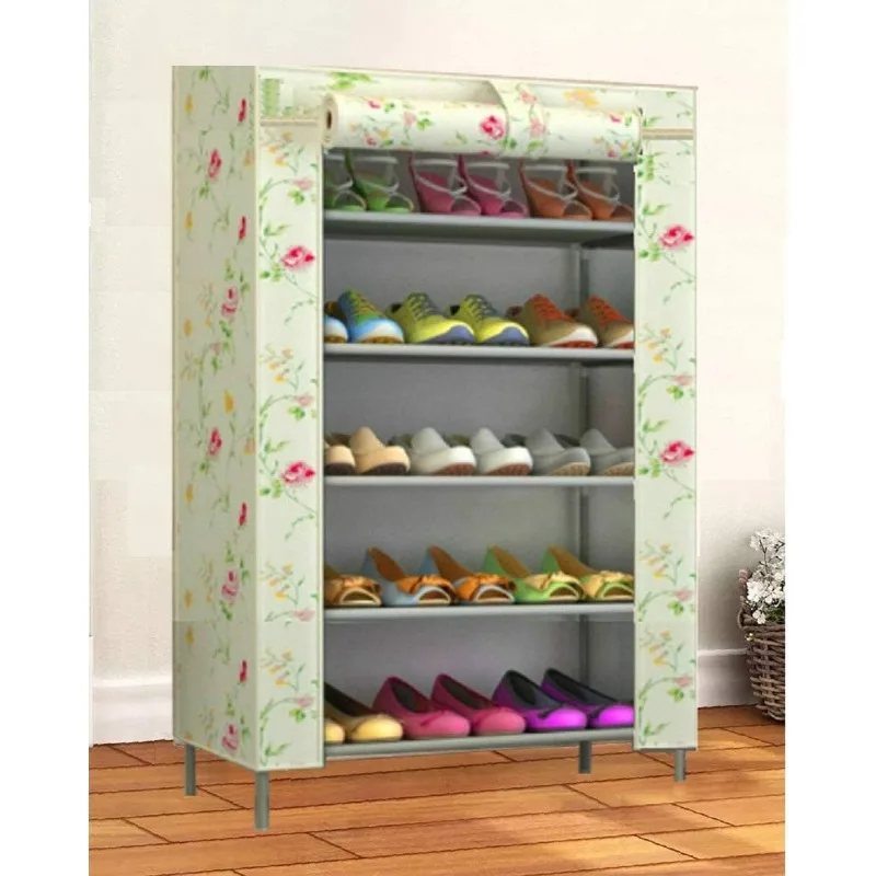 

MOBIT Metal Collapsible Shoe Rack with Stylish Flower Pattern Fabric, Multipurpose Storage Rack (5 Shelves)