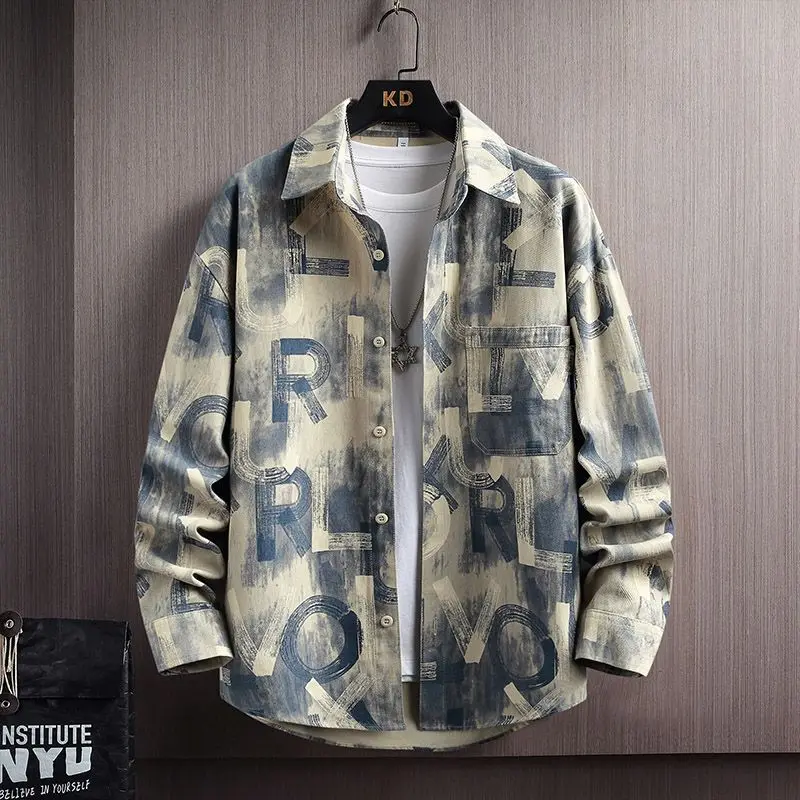 Spring Autumn Men's Clothing Youth Pure Cotton Large Size Shirt Male Fashion Printed Loose Coat Casual Versatile Outerwear 2024