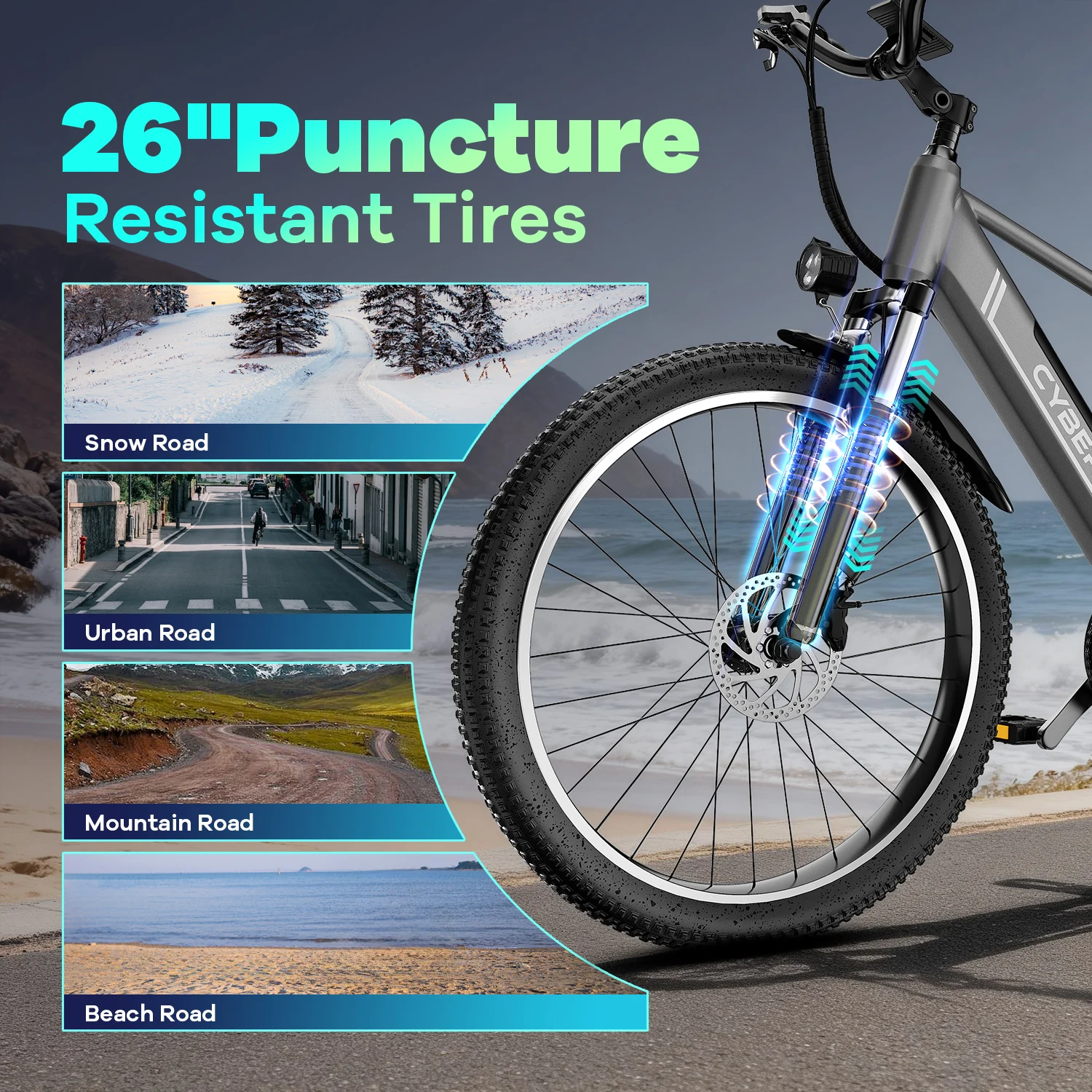 Cybervelo EK3 1000W Peak Electric Bike for Adults, 26" City travel bike, built-in 48V battery, 7-Speed shift city commute E-Bike