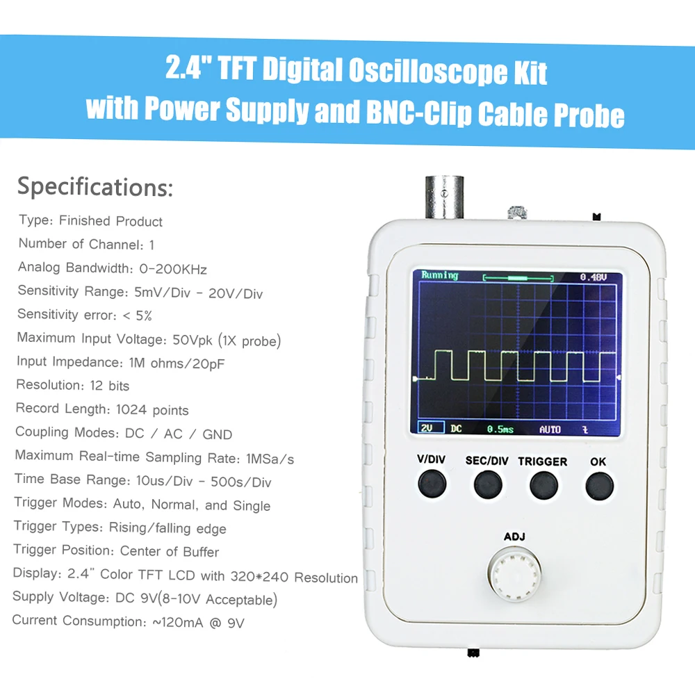 FNIRSI 2.4&rdquo; TFT Handheld Digital Oscilloscope Kit 0-200KHz Bandwidth 1M Sampling Rate with BNC-Clip Cable Probe and Power Supply digital oscilloscope oscilloscope probe kit