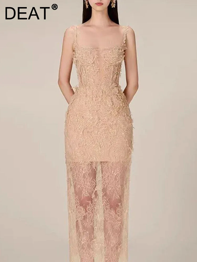

DEAT Fashion Camisole Dress Women Slash Neck Slim Medium Long Lace Sleeveless Chic Style Slim Elegant Lady Clothing 15KB5974