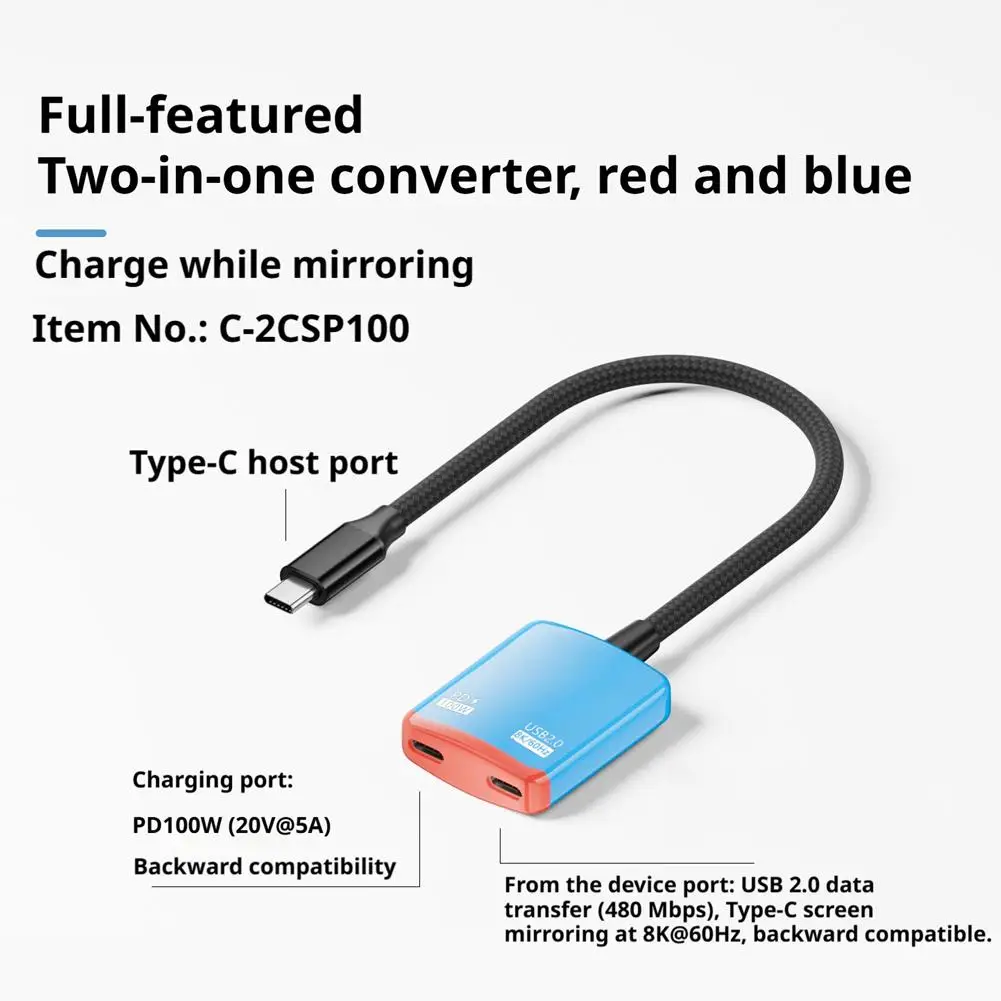 USB C 2 in 1 컨버터 PD 100W 고속 충전 8K@60Hz 비디오 어댑터 (AR XR 안경, Xreal, Rokid, Steam Deck, 노트북, 휴대폰용)