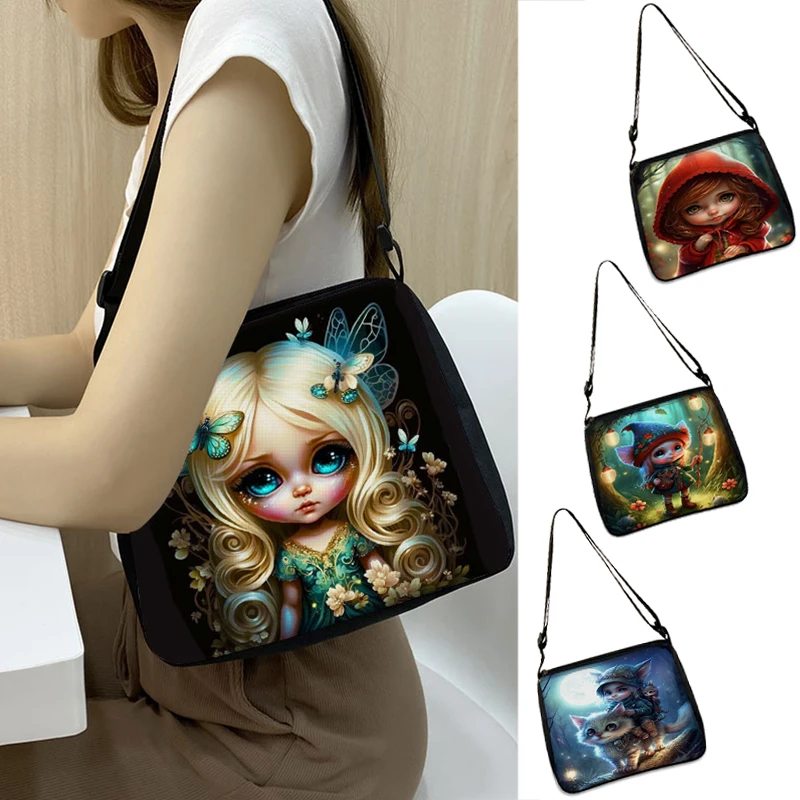 

Fantasy Elf Girl Pattern Shoulder Bag Big Eyes Doll Handbags for Travel Phone Women Purse Holder Harajuku Shopper Bags Gift