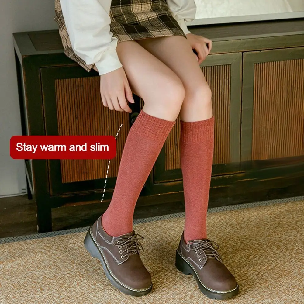 면 겨울 압축 스타킹 무릎 높이 두꺼운 따뜻한 긴 다리 테리 양말 솔리드 컬러 통기성 열 종아리 양말