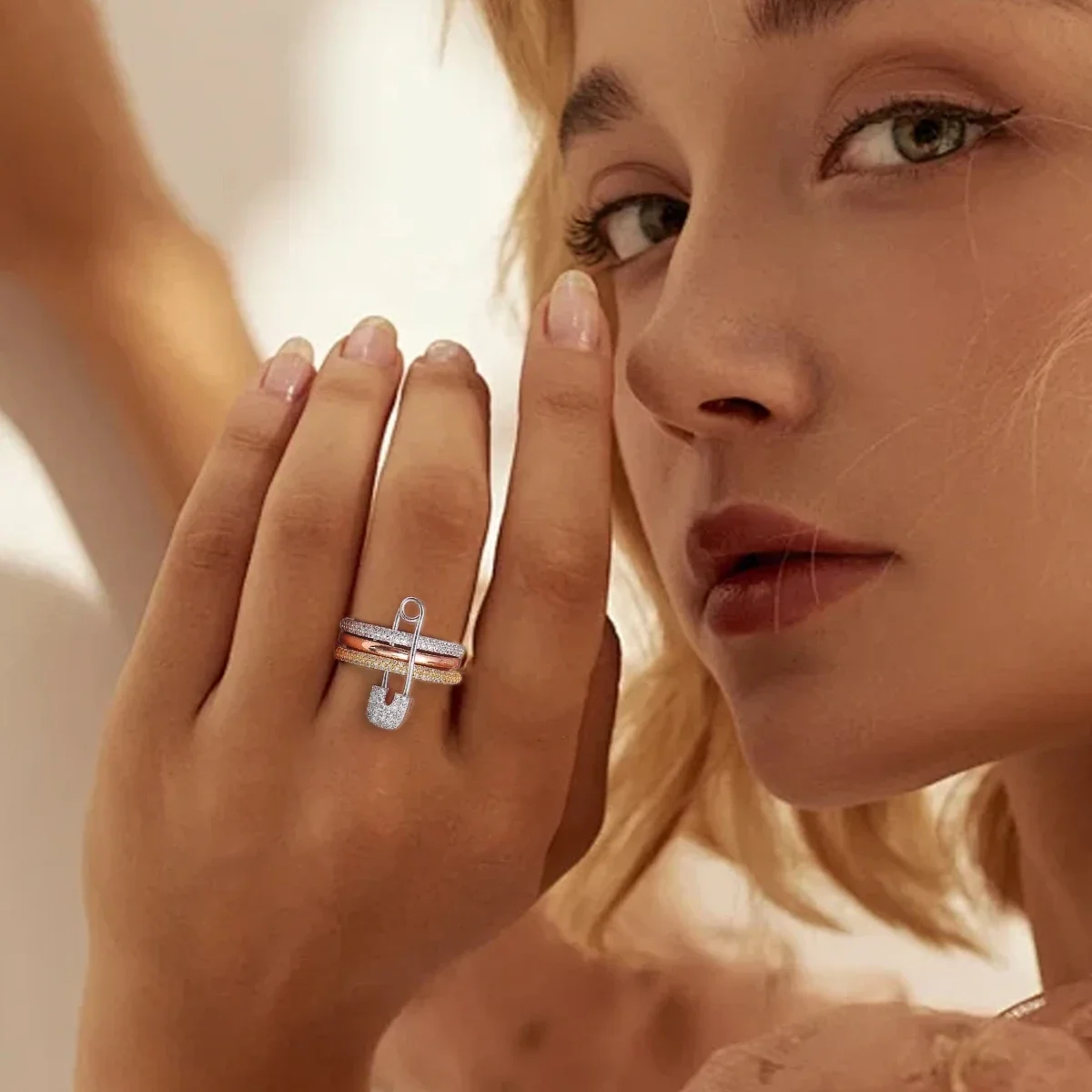 Connection Three Layers Pin Rings for Women CZ Cubic Zirconia Stackable Rings Stainless Steel New Year Gift Party Jewelry
