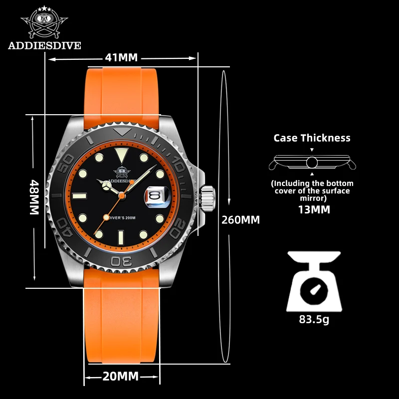 ADDIESDIVE Mens Quartz Watch  BGW9 Blue Luminous 200m Waterproof 316L Stainless Steel  Fashion Business Watch Montre Homme