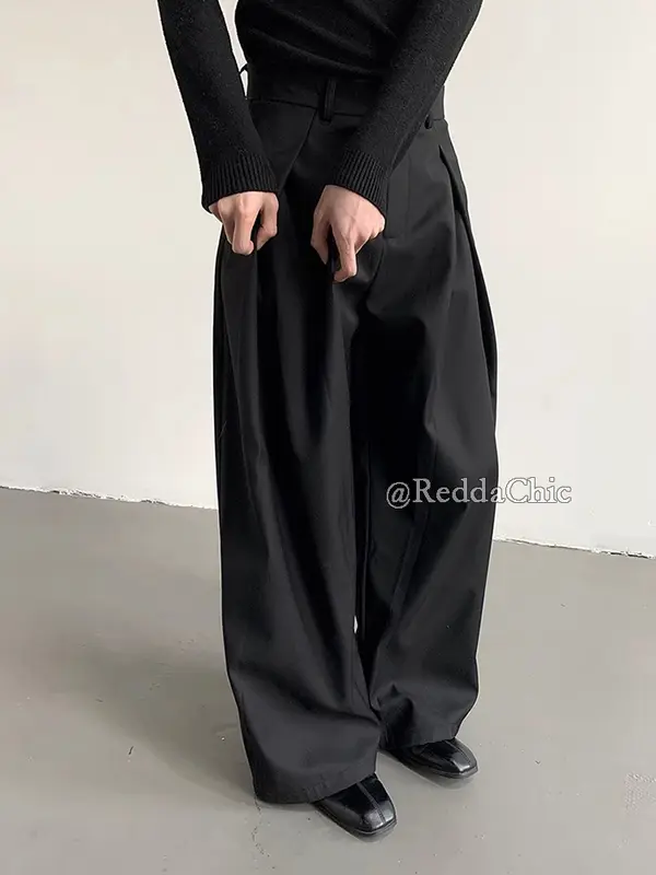REDDACHiC Men's Pleated Front Wide Leg Pants Cleanfit Black Solid Low Waist Dressy Trousers Unisex Office Work Casual Clothes - Image 3