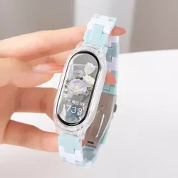 Color Collision Resin Watch Strap with Transparent Protective Cover Wristband for mi band 8 nfc (White Blue)
