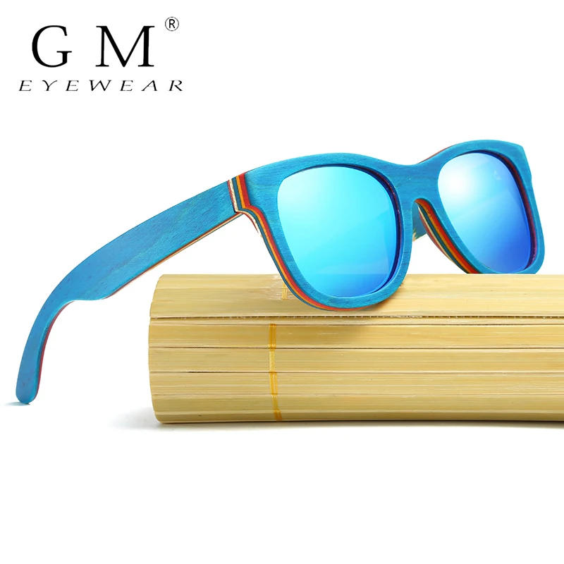 GM Skateboard Wooden Sunglasses Blue Frame With Coating Mirrored Bamboo Sunglasses UV 400 Protection Lenses in Wooden Box W033