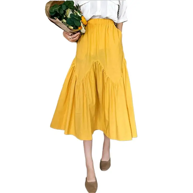

2023 Women Fashion Skirts High Quality Solid Cotton Long Skirts With Pocket Wave Ruffles 11 Color Maxi Skirts streetwear women