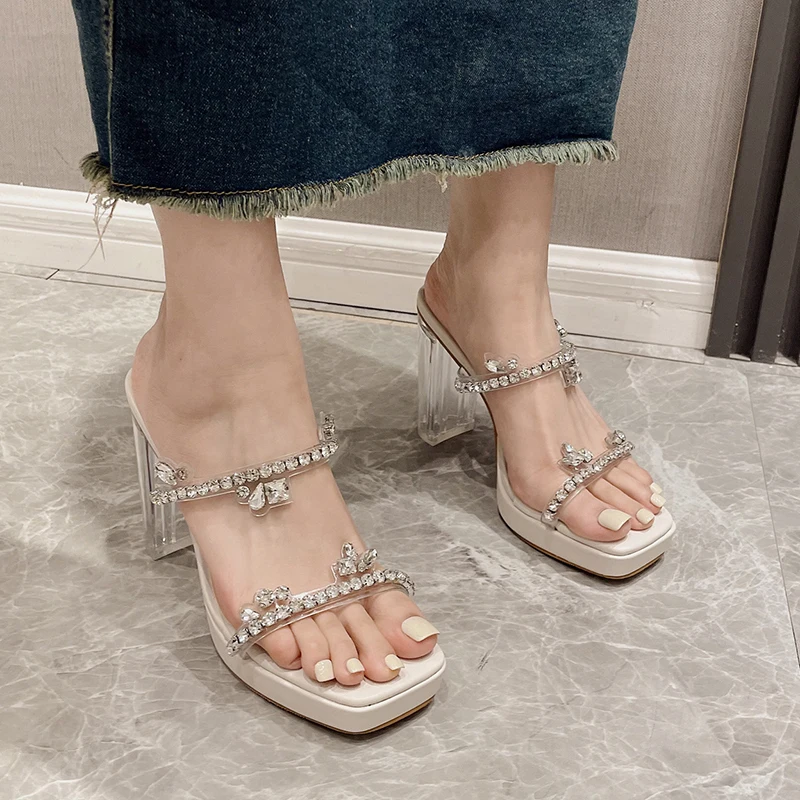 

ZOOKERLIN Square Toe Rhinestone Strap Transparent PVC Women Slippers Summer Slip On Slides Crystal Thick High Heels Sandals Pump