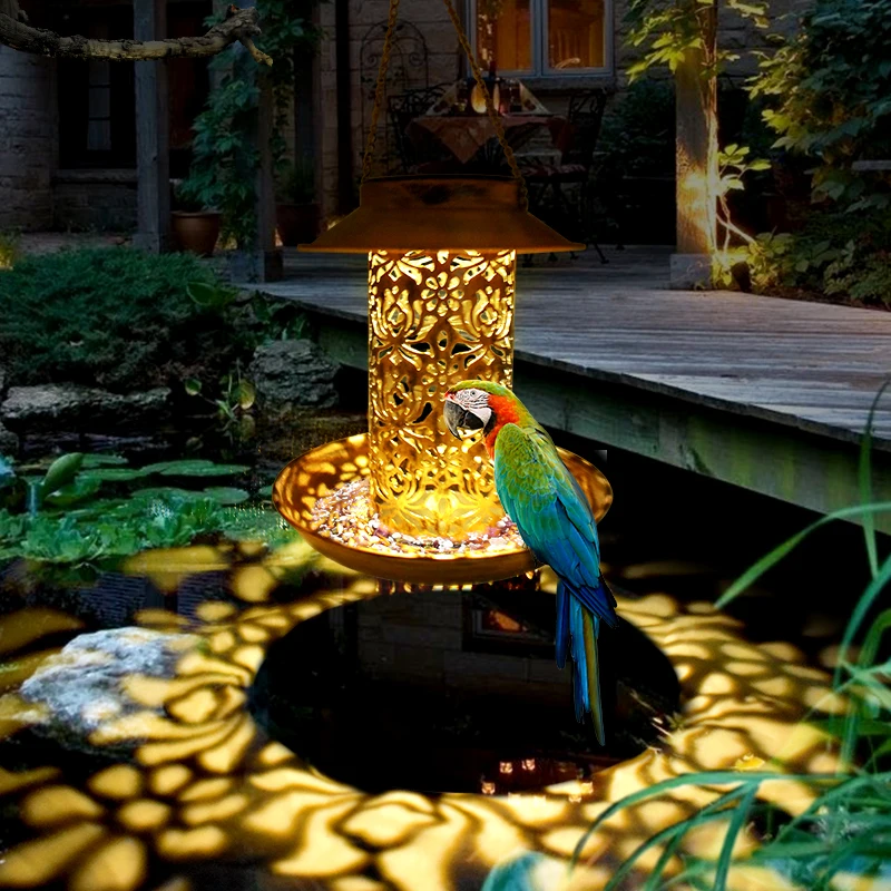 

Solar Energy Bird Feeder Waterproof Solar Light Wild Hanging Bronze Metal Tray Lantern for Outdoors Garden Tree Decoration