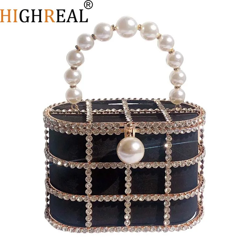 

HIGHREAL Luxury Hollow Out Preal Beaded Metallic Cage Handbags Ladies Wedding Party Purse Diamonds Basket Evening Clutch Bags