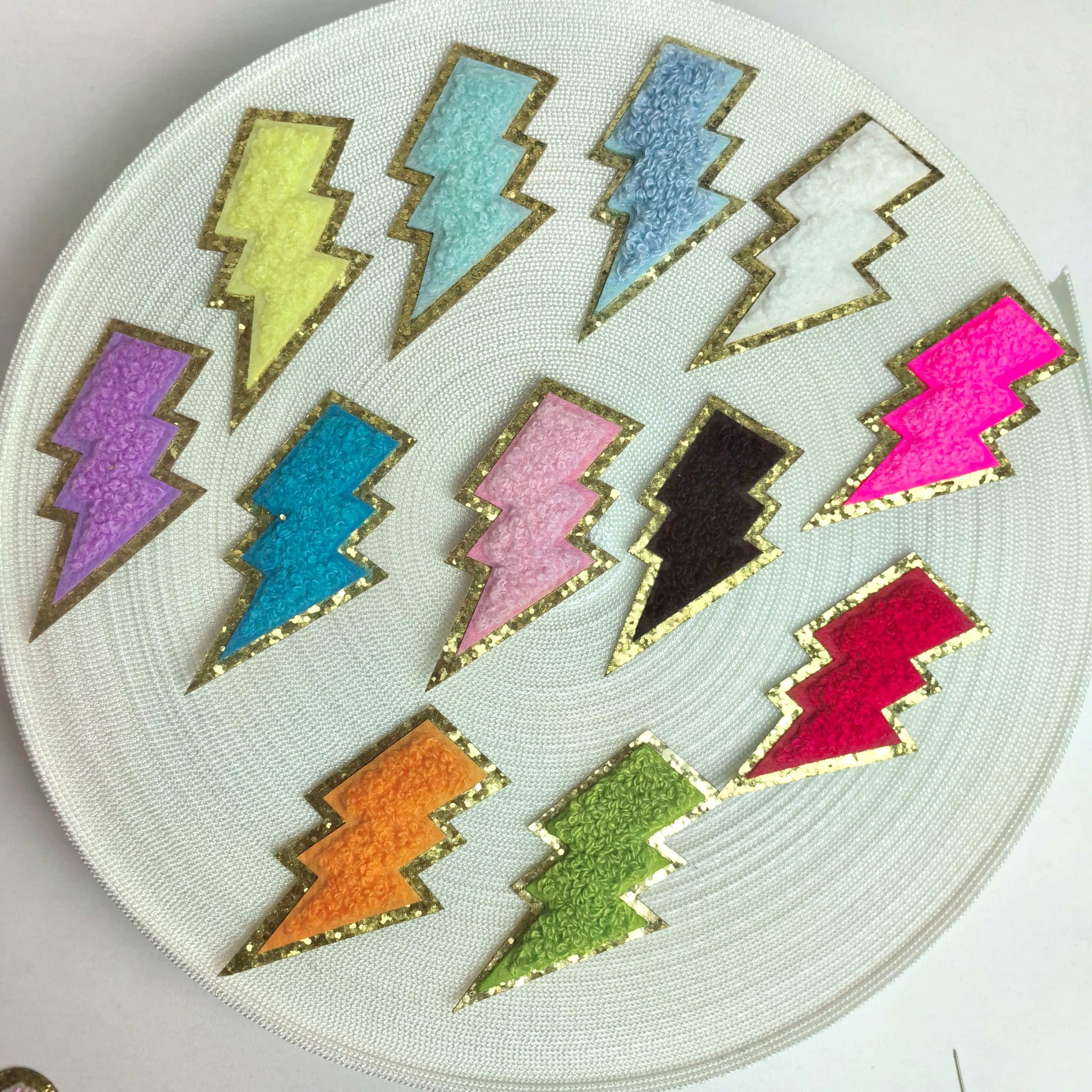 

Chenille Embroidery Patche Lightning Heart Bows Castle Embroidered Patches Colorful Applique Glitter for Bag Clothing