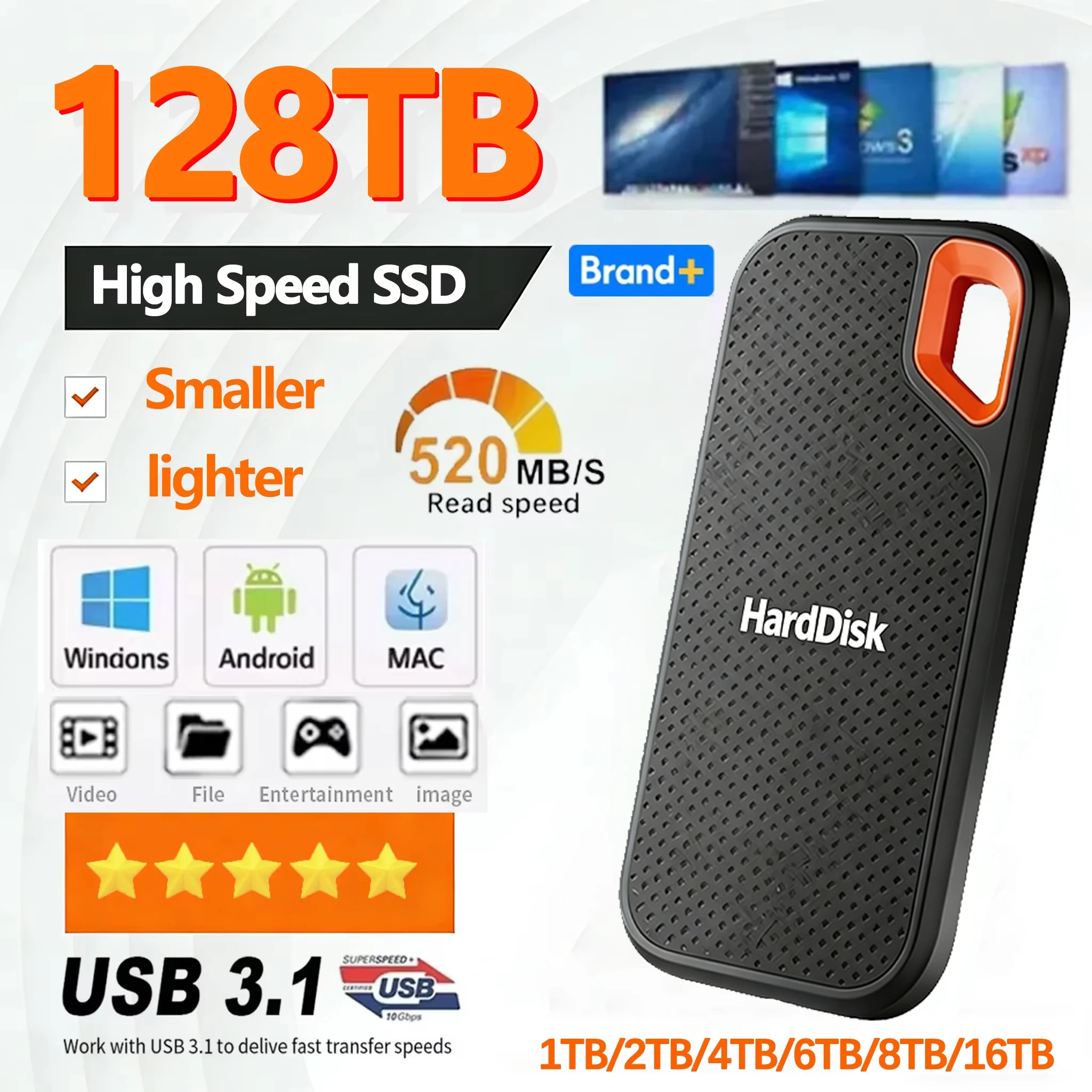 SSD ดั้งเดิม 128TB ฮาร์ดไดรฟ์ภายนอกความเร็วสูง 1TB ฮาร์ดไดรฟ์ USB 3.1 Type-C อุปกรณ์จัดเก็บข้อมูลดั้งเดิมสำหรับแล็ปท็อป/แมค/พีซี/โทรศัพท์ 1
