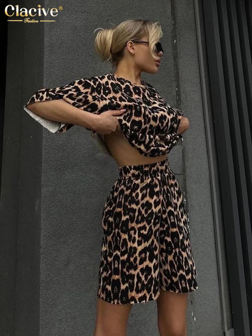 Clacive Fashion Loose Leopard Print 2 Piece Sets Women Outfit Summer Short Sleeve Shirt With High Waist Shorts Set Streetwear