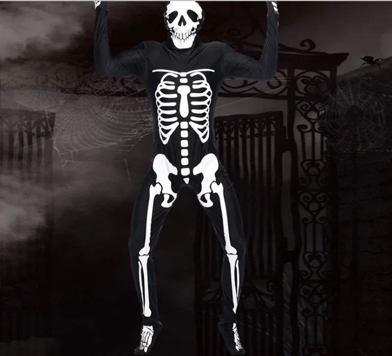 Grim Reaper Ghost Costume Halloween Hood Gown Robe Skeleton Adult Men Gothic Dress Catsuit Black Evil Death Scary Horror Outfit