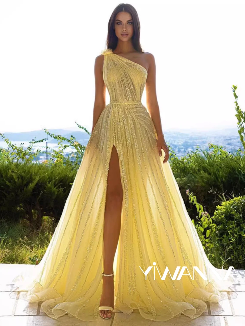 

Sparkly Sequins Beads Cocktail Dress Sexy One Shoulder High Slit Evening Gown Elegant Yellow Tulle Prom Dresses Robe De Mariée