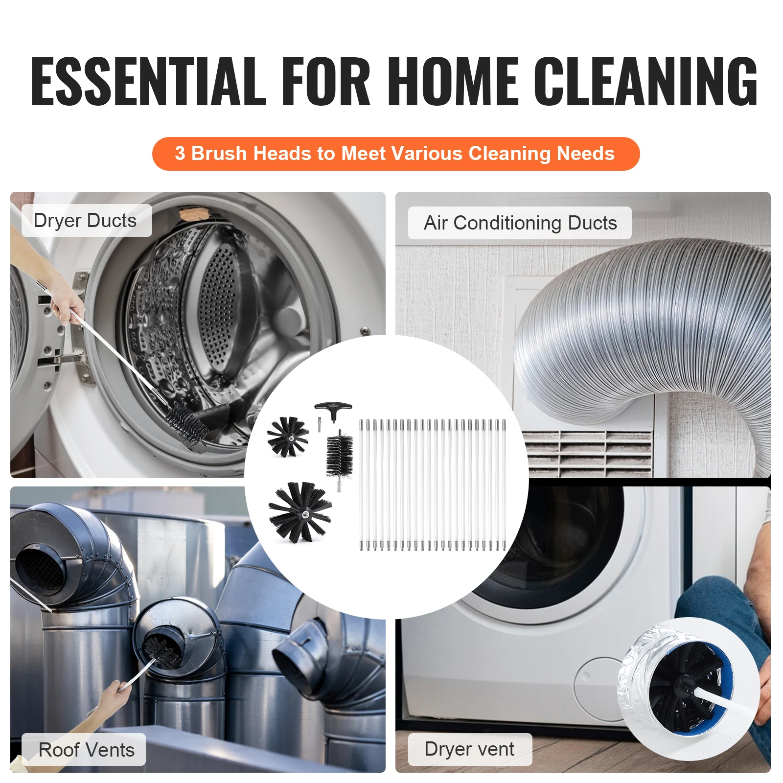 VEVOR Dryer Vent Cleaner Kit Flexible Lint Trap Brush Reinforced Nylon Duct Cleaning Tools Dryer Vent Brush Dryer Cleaning Kit 6