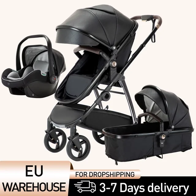 Poussette bébé 3 en 1 landau Portable luxueux voyage landau haute paysage nouveau-né bébé poussette avec porte-bébé PU 1