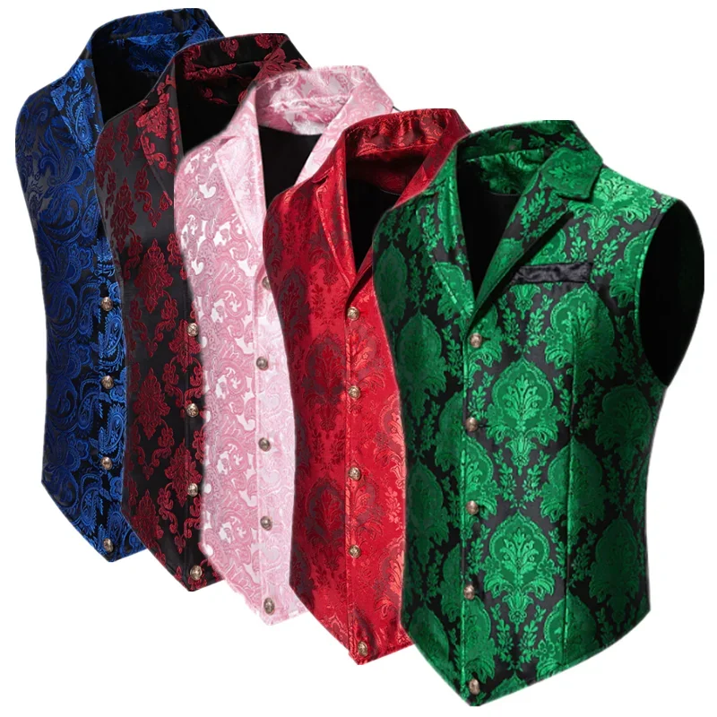 Mens Suit Vest Luxury Jacquard Thin Tops Red Green Blue Pink Fashion Wedding Prom Party